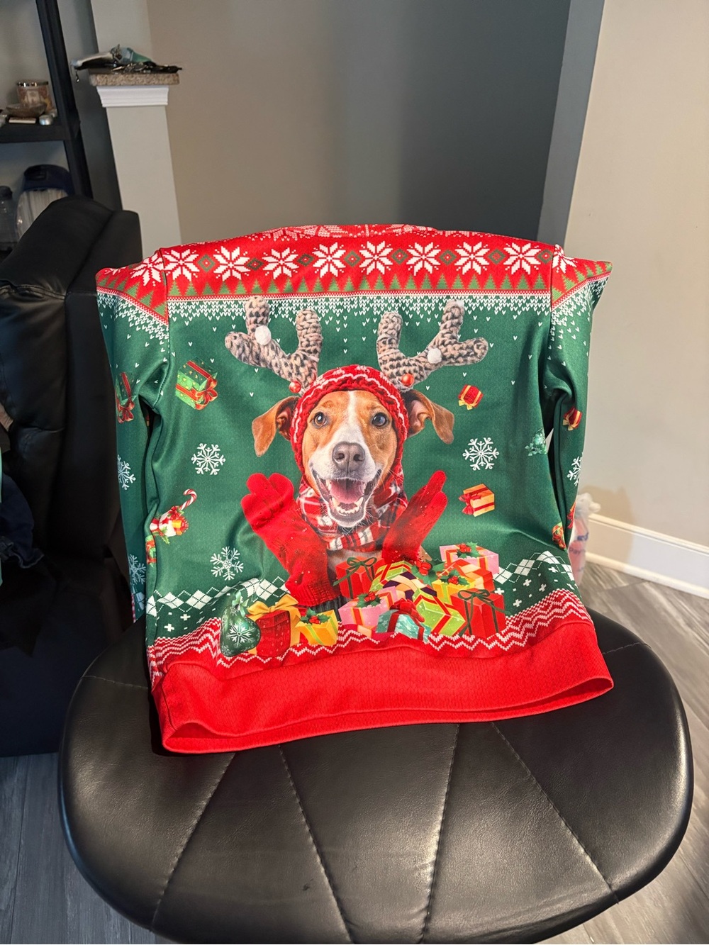 Abrand Green & Red Holiday Dog Throw with Reindeer Pup Design